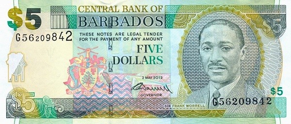 Барбадос 5 долларов 2012 г. Портрет сэра Ф. Воррелла  UNC   