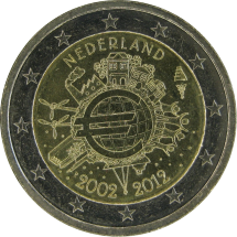 Нидерланды 2 евро 2012 г.  10 лет евро  