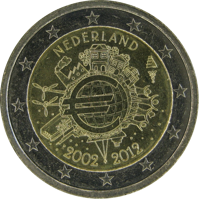 Нидерланды 2 евро 2012 г. "10 лет евро"   