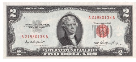 США 2 доллара 1953 aUNC (красная печать) коллекционная купюра