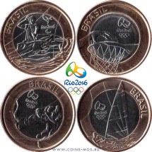 Бразилия Олимпиада в Рио де Жанейро-2016  Набор из 4 монет 2015 г Регби, Баскетбол, Каноэ, Парусный спорт  II