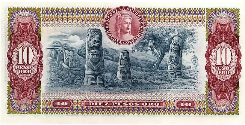 Колумбия 10 песо 1963 - 1980 г «Археологический парк Сан-Агустин» UNC