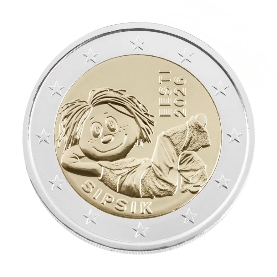 Эстония 2 евро 2026 Сипсик — ожившая тряпичная кукла UNC