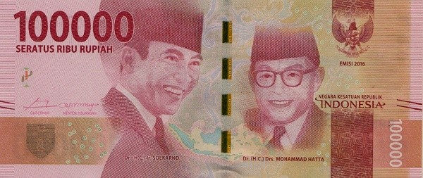 Индонезия 100000 рупий 2016 г /Национальные герои. Ахмед Сукарно и Мохаммед Хатта/  UNC      