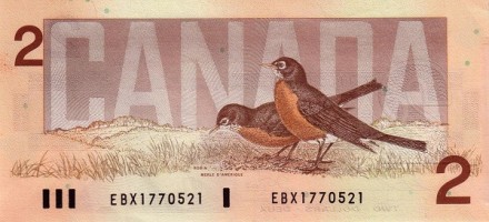 Канада 2 доллара 1986 г «птица робинс» UNC Подписи тип# 1