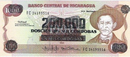 Никарагуа 200000 кордоба 1990 г  на 1000(1985 г)  UNC
