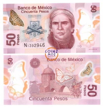 Мексика 50 песо 2015 г  Портрет Хосе Марии Морелоса Павона  UNC   Пластиковая серия Q