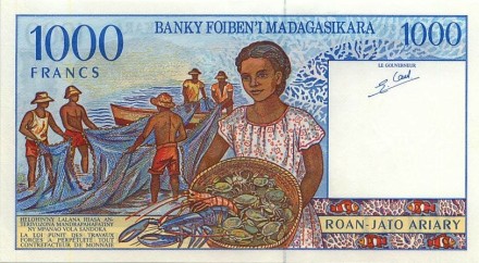 Мадагаскар 1000 франков 1994 г «Рыбаки»  UNC