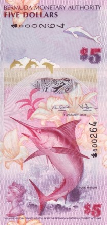 Бермуды 5 долларов 2009 г. Голубой марлин.  UNC 