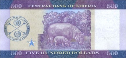 Либерия 500 долларов 2016 Бегемоты UNC / коллекционная купюра