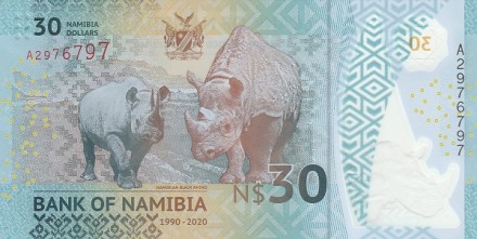 Намибия 30 долларов 2020 Носороги UNC / пластиковая коллекционная купюра