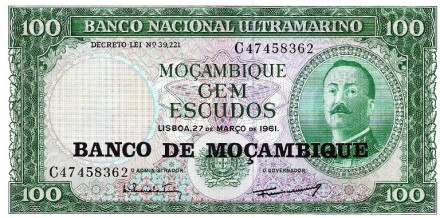 Мозамбик 100 эскудо 1961 (1976) г. «Айрес де Орнелас» UNC