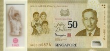 Сингапур 50 долларов 2015 г. 50 лет государству. Первый премьер-министр Сингапура Ли Куан Ю Пластик. Юбилейная UNC  