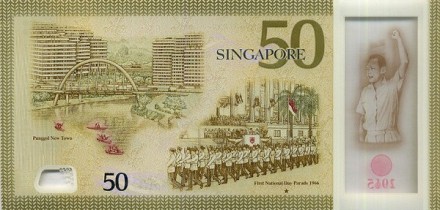 Сингапур 50 долларов 2015 г. 50 лет государству. Первый премьер-министр Сингапура Ли Куан Ю Пластик. Юбилейная UNC