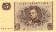 Швеция  5 крон 1963 г «Король Густав VI Адольф»  аUNC