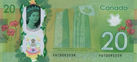 Канада 20 долларов 2015 г Канадский Национальный Мемориал В Вими UNC Полимер