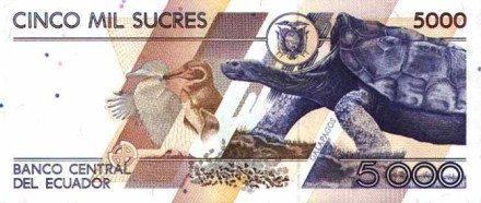 Эквадор 5000 сукре 1991- 1999 г «Животные Галапагосских остовов» UNC  серия AN  Спец.Цена!!